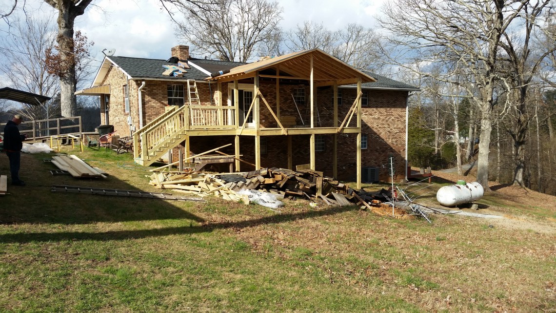 porch roof framed and ply wood installed